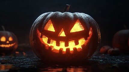 A carved pumpkin sitting on top of a wooden table