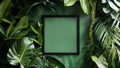 Wall Mural - Tropical-inspired black frame mockup against lush green wall with vibrant leaves