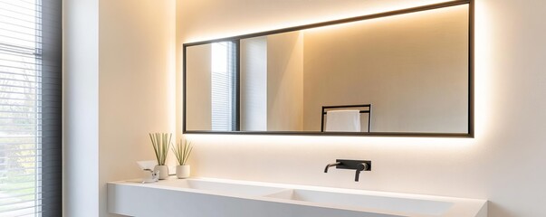 Large rectangular mirror with matte black frame in a minimalist bathroom, minimalist bathroom mirror, modern boldness