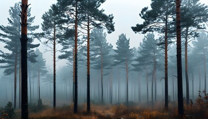 Wall Mural - Mystical fog enveloping towering pine trees in a serene mountain forest