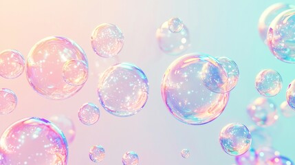 Poster - Captivating soap bubbles drift gracefully on pastel backdrop, reflecting rainbow colors, evoking joy and wonder