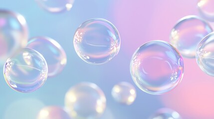 Poster - Mesmerizing soap bubbles float gracefully on a pastel pink and blue backdrop, exuding an iridescent rainbow glow. Perfect for creative projects with ample white space