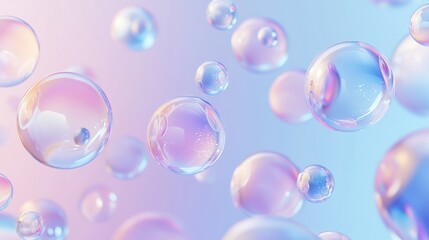 Poster - Colorful soap bubbles floating on iridescent background, creating magical atmosphere with pastel hues and rainbow pattern, evoking wonder and joy