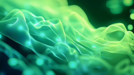 Poster - Flowing green digital waves move gracefully through a grid on a dark background, creating a mesmerizing futuristic scene. Ideal for tech projects