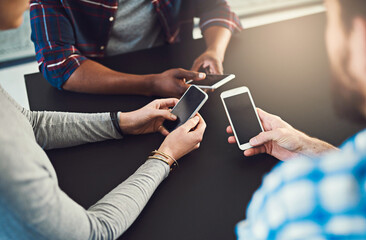 Poster - Smartphone screen, hands and people networking in circle for information, notification and online communication. Closeup, group mockup and download cellphone app for contact, iot data or social media