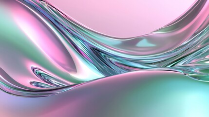 Poster - Flowing liquid creates iridescent wave shapes in pastel colors, reflecting elegance and luxury. Perfect for beauty, cosmetic, or tech themes. Futuristic 3d illustration with ample copy space
