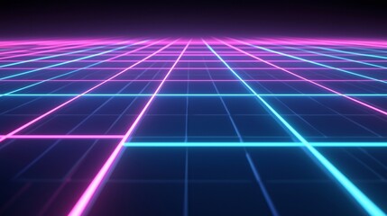 Poster - Futuristic perspective grid is glowing in pink and blue neon light, creating a sense of depth and movement toward the horizon