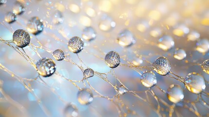 Poster - Glistening water droplets on textured surface reflect golden light, creating mesmerizing abstract pattern, evoking tranquility and wonder