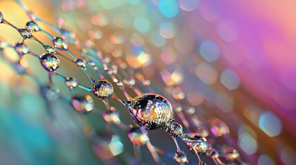 Poster - Macro photograph showing iridescent water droplets clinging to a web, creating a beautiful abstract pattern with a colorful background