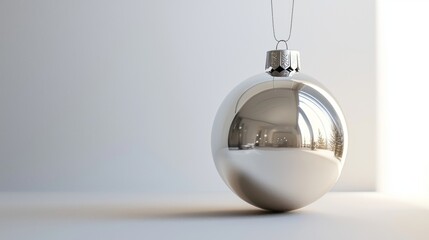 Wall Mural - Shiny silver christmas bauble hangs against a white background, reflecting a cozy room. Perfect for holiday projects, it symbolizes christmas joy and upcoming celebrations. Add a touch of magic!