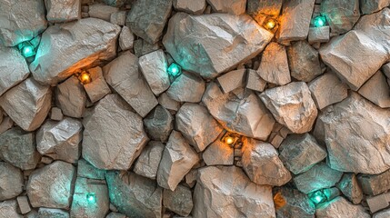 Poster - Stone wall is illuminated with orange and turquoise lights, creating a mesmerizing pattern that adds a touch of modern elegance to the rugged texture