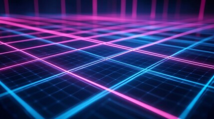 Poster - Blue and purple glowing lines are forming a perspective grid on a dark background, creating a futuristic abstract background