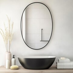 Wall Mural - Oval mirror with a matte black frame in a minimalist bathroom, minimalist bathroom mirror, modern contrast