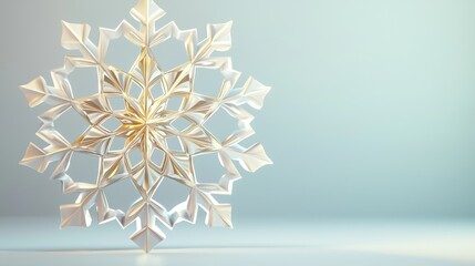 Canvas Print - Stunning gold snowflake shines on a reflective surface against a light blue backdrop, capturing the essence of winter and evoking holiday cheer