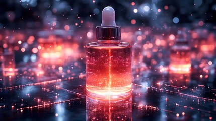 Wall Mural - A glowing serum bottle surrounded by shimmering particles, creating a magical, surreal ambiance.