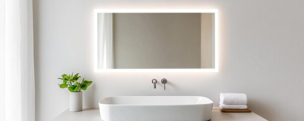 Wall Mural - Rectangular frameless mirror with soft lighting in a gray minimalist bathroom, minimalist bathroom mirror, sleek simplicity