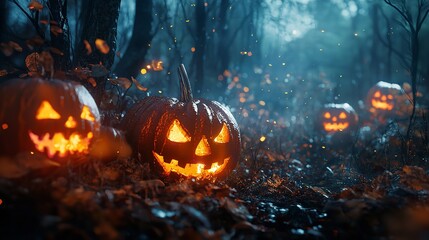 Jack O' Lanterns glowing in the dark forest at night