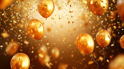 Wall Mural - golden festivity: a vibrant banner background with balloons and shimmering confetti for celebratory 
