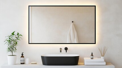 Wall Mural - Rectangular mirror with thin black frame and built-in lighting, minimalist bathroom mirror, sleek modern contrast