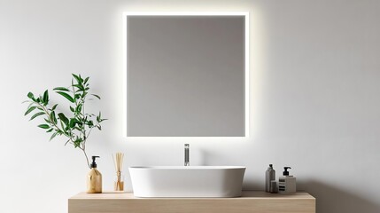 Square frameless mirror with backlighting in a minimalist bathroom, minimalist bathroom mirror, modern elegance