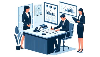 Two executives sign a business contract at a sleek desk with financial graphs and legal documents in the background, in a high-rise office isolated on white background flat design illustration
