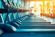 © STOCK IMAGES STALL - Empty gym with treadmills under warm sunset light with copy space for text, gym advertising, gym advert poster, healthy life advertising