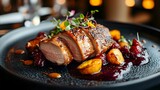 kaczka, pieczona, żurawina, sos, elegancja, fine dining, jesień, mięso, luksus, restauracja, kulinaria, talerz, mikroliście, dekoracja, danie główne, gastronomia, premium, wykwintne, tekstura, miękkoś