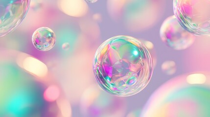 Poster - Colorful soap bubbles float on holographic background, reflecting a rainbow of pastel colors. Perfect for festive and joyful projects, creating a magical atmosphere