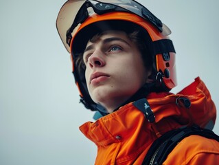 A young man in an orange jacket and helmet is looking up at the sky