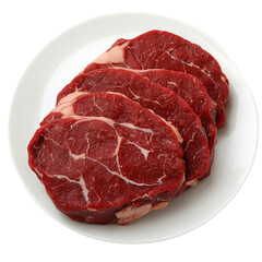 High-quality fresh beef steaks on a white plate, perfect for grilling or cooking. Ideal for culinary, restaurant, or meal preparation images.