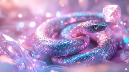 Holographic snake is resting on a pile of sparkling crystals, its scales catching the light in a mesmerizing display of color. The scene evokes a sense of magic and wonder