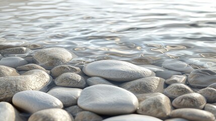 Poster - Smooth white stones peacefully scattered in crystal clear water, reflecting the sky, creating a serene and tranquil atmosphere perfect for meditation or spa designs