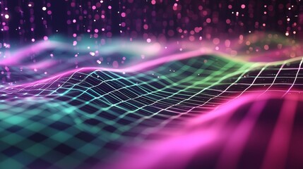 Poster - Abstract digital landscape with a wavy grid pattern illuminated by colorful lights and falling particles, creating a futuristic and technological atmosphere
