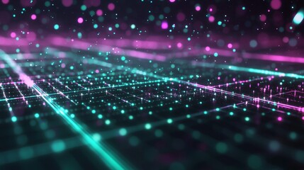 Poster - Futuristic abstract background with glowing grid and particles, creating a sense of depth and technological advancement