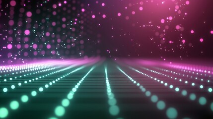 Poster - Abstract futuristic background with glowing grid and particles moving in a wave motion, suitable for technology or science related projects