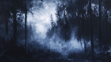  Haunted forest with mist swirling around shadowy trees