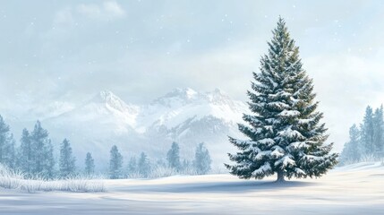 Beautiful Christmas t tree in winter landscape, illustration. space for text transparent background