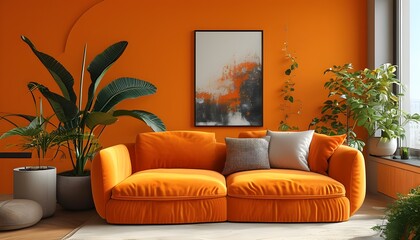 Wall Mural - Vibrant living room featuring orange walls, a cozy sofa, and lush green plants for a warm and inviting atmosphere