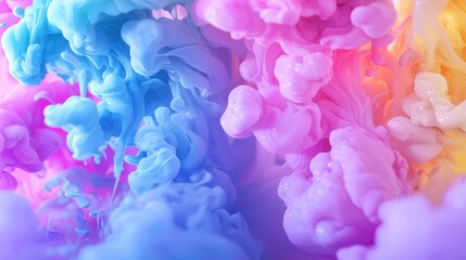 Poster - Swirling colorful ink in water creates abstract shapes with pink to blue gradient. Vibrant hues of purple. Yellow. And orange add to dynamic design. Resembling swirling smoke or clouds