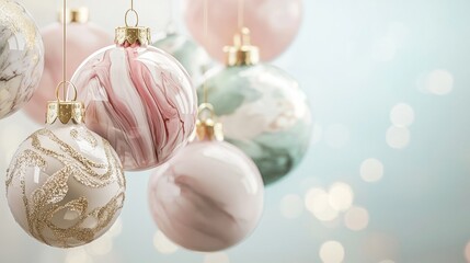 Canvas Print - Christmas baubles with modern marble effect hanging in front of a light blue background with bokeh, perfect for greeting cards or websites