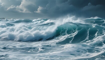 Dynamic close-up of a turbulent sea with large, choppy waves crashing fiercely against one another