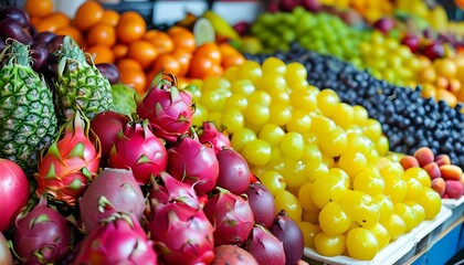 Wall Mural - Vibrant display of exotic fruits showcasing a kaleidoscope of colors and textures at a bustling market stall