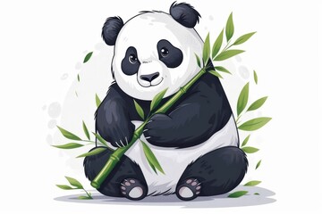 A cartoon panda bear is holding a green bamboo stick