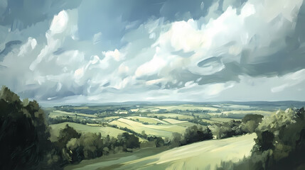 an oil painting of an english countryside view with a cloudy sky and muted green colour tone. oil pa