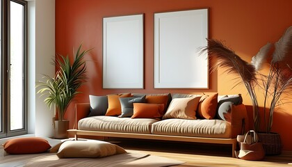 Wall Mural - Warm-hued blank picture frame inviting creativity and personal expression