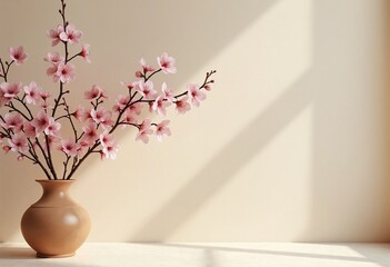 Poster - Blossom branch in clay vase near beige stucco wall background. Interior design of modern living room with copy space for text