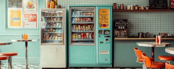 Vintage vending machines with snacks and drinks in retro diner setting.