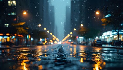 Wall Mural - Moody urban nightscape with rain-soaked streets and a blurred city backdrop