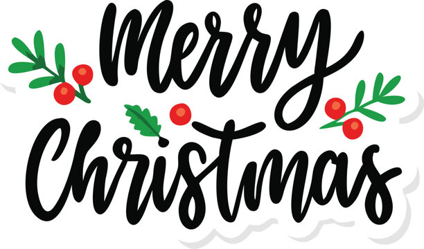 Hand Drawn Vintage Christmas postcard with lettering Merry Christmas