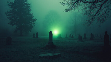 Wall Mural - eerie green light illuminating a foggy graveyard